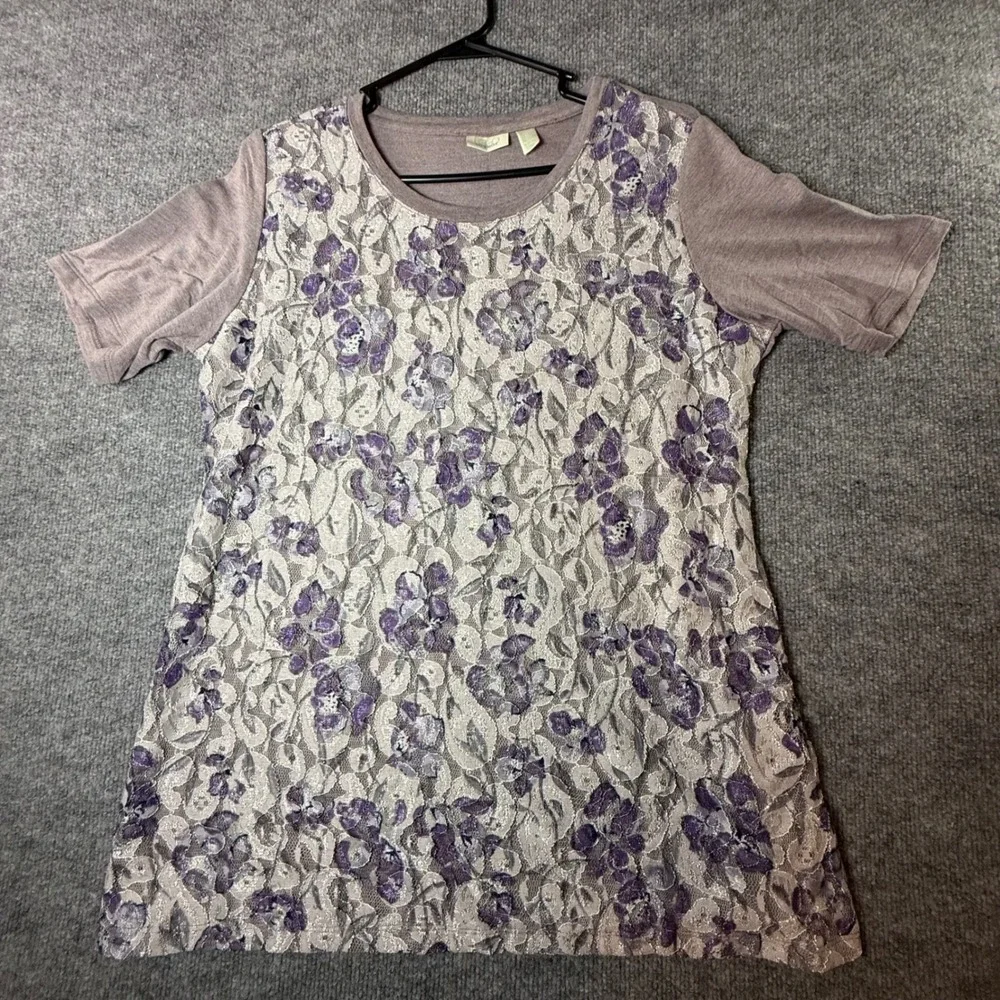 LOGO Lounge Lori Goldstein Floral Lace Front Short Sleeve Top Mauve Purple M